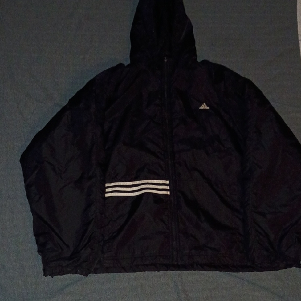 adidas Black Hooded Puffer Jacket with White Stripe Accents